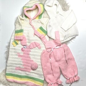 Vintage Handmade Crochet Knit Bunny Sleep Sack, Jumpsuit and Sweater